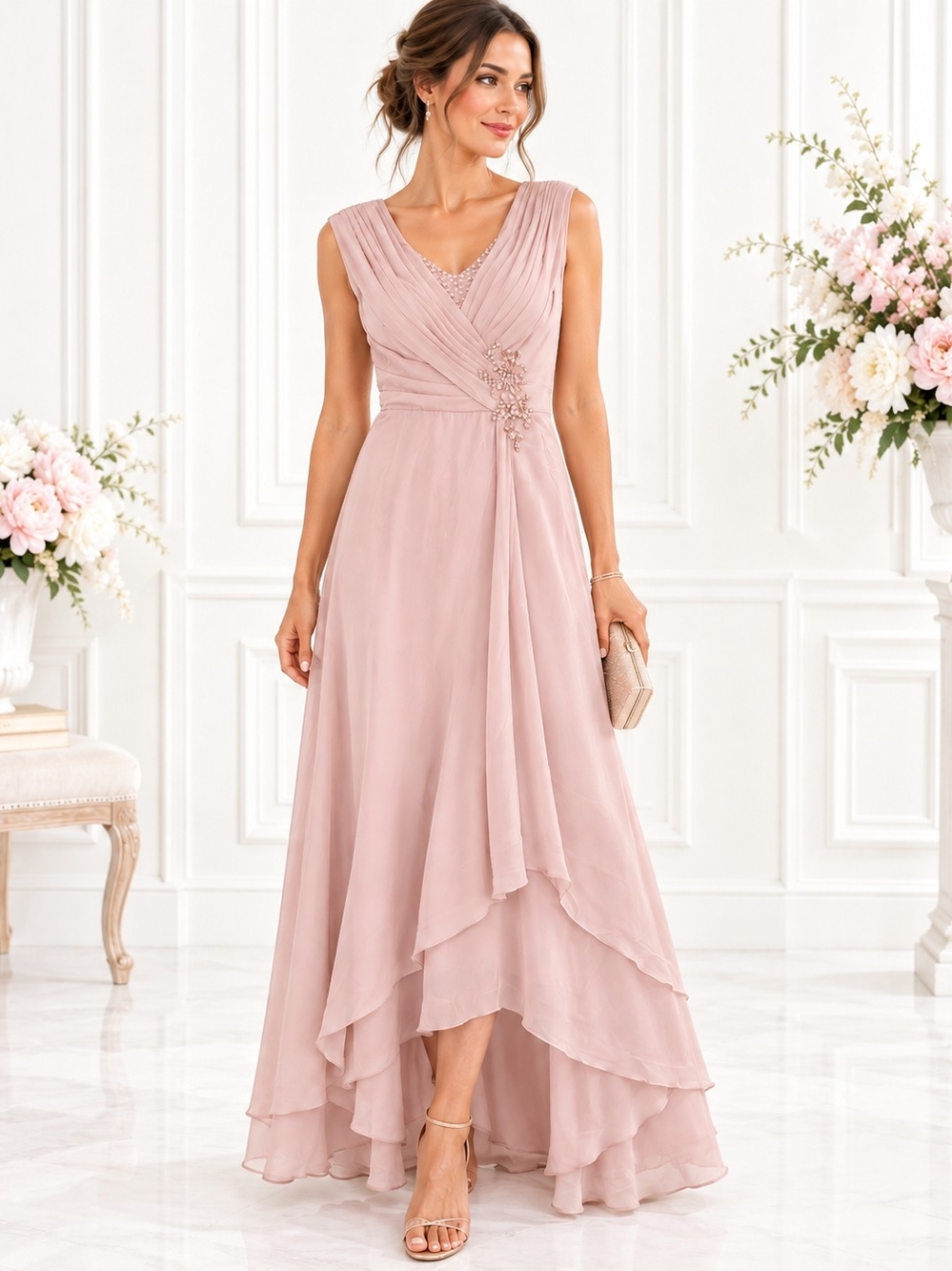 NWT Dusty Rose Chiffon Formal High Low Maxi Dress Beaded Evening Gown| Size 8